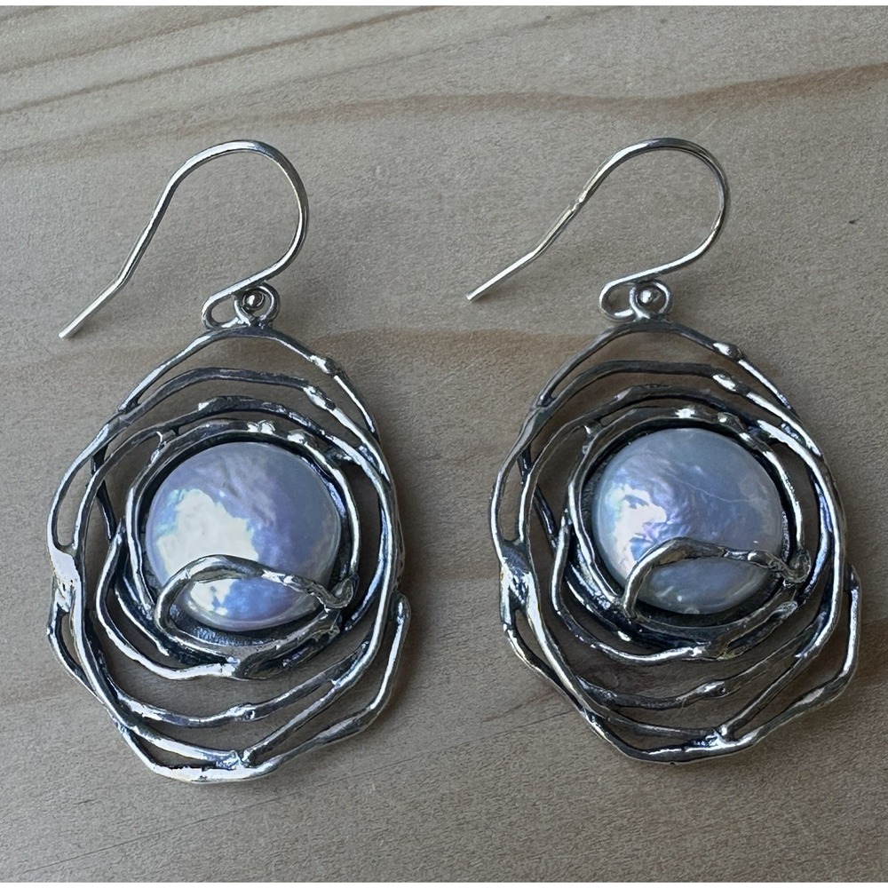 VTG Israel Hook Dangle Earrings 1.75 Inch Blister Cultured Pearls Sterling 10.4g